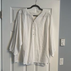 White Relaxed Blouse with Puff Sleeves and Mandarin Collar
